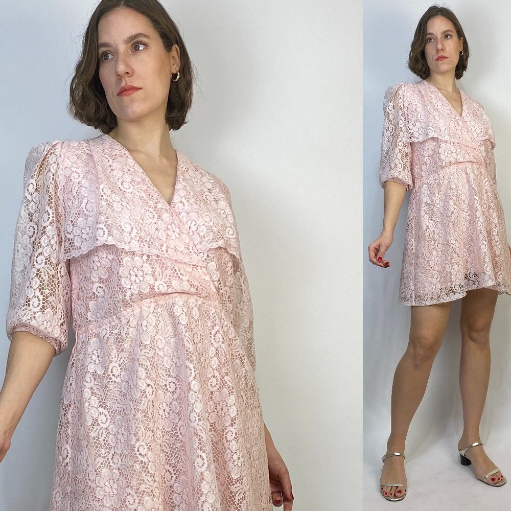 Vintage 80s PINK Lace Dress with OVERSIZED COLLAR! Medium to Large